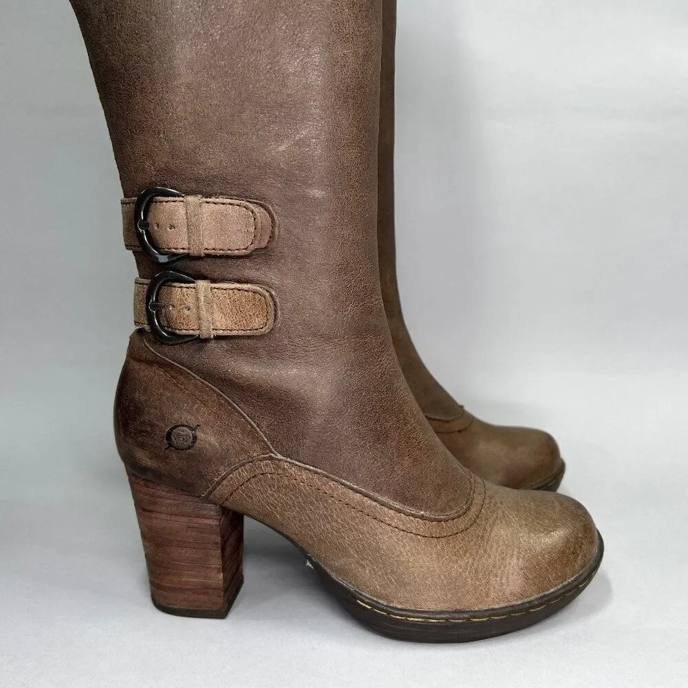 Born Women's Size 6 Tall Brown Leather‎ Buckle Strap Heeled Riding Boots
